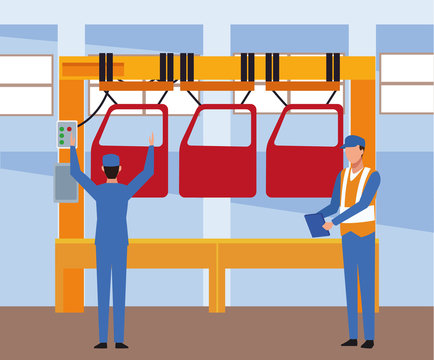 car repair shop scenery with machine with car doors and mechanics standing