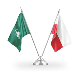 Poland and Macau table flags isolated on white 3D rendering