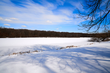 Scenic View of Snow-Covered Lake, Blue Skies, White Clouds and Tree lined background	