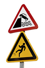Double signage, risk of falling on the water with the car and danger of falling warning sign. Isolated with clipping path