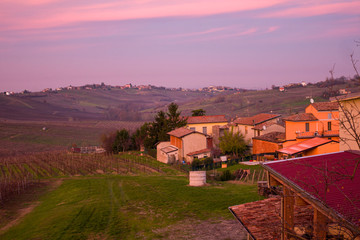 Piacenza, Northern Italy. Vineyards and winter fields in the Italian wine region, in the village of Montecucco.