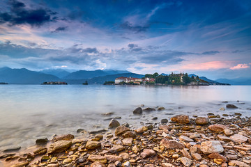 View of Lago Maggiore, Stresa Italy, Europe. Isola Superiore o dei Pescatori. Isola Bella....