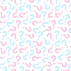 Gender reveal party background. Ornate vector seamless pattern with question mark pink and blue color