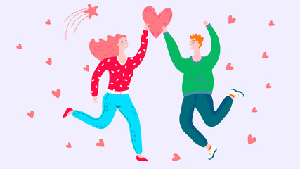 Happy romantic couple jumping, people in love, valentine day vector illustration. Man and woman cartoon characters, romantic relationship, heart symbol of love. Couple romance, valentine day together