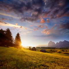 Wonderful summer view of Dolomiti Alps. Attractive morning scene of Compaccio village, Seiser Alm or Alpe di Siusi location, Bolzano province, South Tyrol, Italy, Europe. .