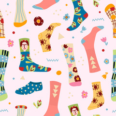 Stylish funny socks pattern with different textures, seamless background. 