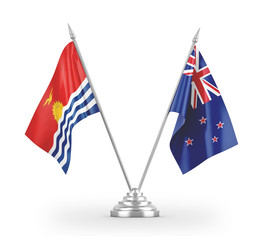 New Zealand and Kiribati table flags isolated on white 3D rendering