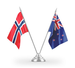 New Zealand and Norway table flags isolated on white 3D rendering