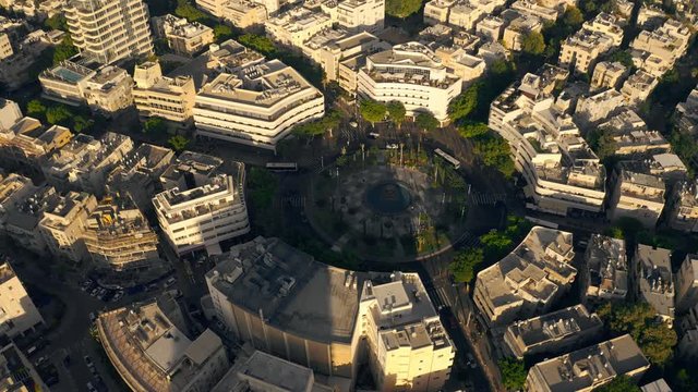 Tel Aviv city center, "Dizengoff" square, Israel, 4k aerial drone view