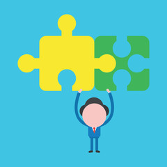 Vector illustration concept of businessman character holding up two connected puzzle pieces on blue background.