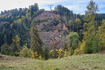 Strong landslide in the middle of the forest in the mountains