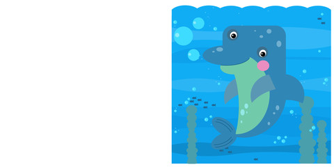 Cartoon underwater scene with swimming coral reef fish dolphin with space for text - illustration