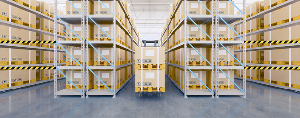 Warehouse or industry building interior. known as distribution center and retail warehouse. Part of storage and shipping system. Included box package, shelf, forklift and concrete floor. 3d render. © DifferR