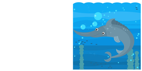 Cartoon underwater scene with swimming coral reef fish swordfish with space for text - illustration for children