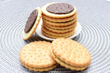 Chocolate cookies displayed on light background