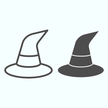 Witch magic hat line and solid icon. Wizard black coniform cap. Halloween vector design concept, outline style pictogram on white background, use for web and app. Eps 10.