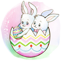 Watercolor cute bunnies inside an easter egg shell