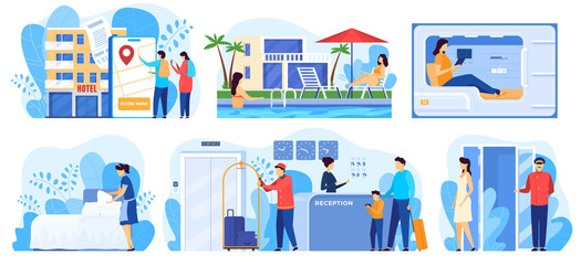 Hotel service, people cartoon characters staying in hostel, vector illustration. Luxury accommodation for travelers, professional hotel staff. People booking room online and checking in at reception - obrazy, fototapety, plakaty