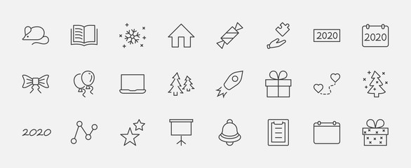Happy New Year Mouse. Set vector line icon. Contains such Icons as Mouse, Christmas Tree, Calendar 2020, Bow, Balloons, Bell, Candy, Gift Box, Stars, Snowflake. Editable Stroke. 32x32 Pixels