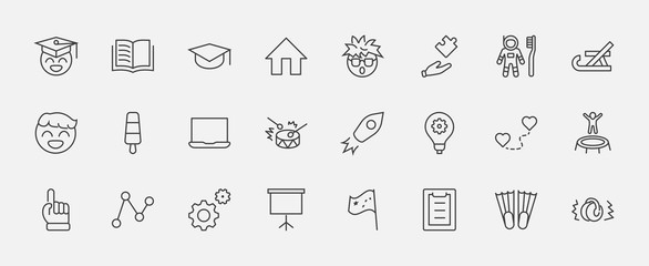 International World Day of Children's Inventions Set Line Vector Icon. Contains such Icons as Toothbrush astronauts, Trampoline, Flippers, Frozen juice, earmuffs. Editable Stroke. 32x32 Pixels
