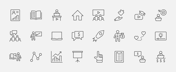 Set of Business Training Related Vector Line Icons. Contains such Icons as Teacher, Class, Presentation, Video, Book, Mentoring, Target and more. Editable Stroke. 32x32 Pixels.