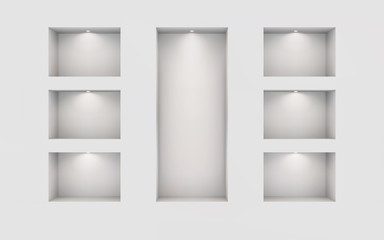 Seven illuminated niches on a white wall. Place for an exhibition. Top view mockup template for design. Light effect on a separate layer. Vector. Eps10.