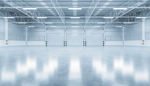 Roller door or roller shutter inside factory, warehouse or industrial  building. Modern interior design with polished concrete floor and empty  space for product display, industry background. 3d render. Photos | Adobe  Stock