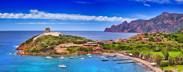 Panorama of Girolata Bay in Corsica Island, Corse-du-Sud, France. Scandola Nature Reserve a Natural World Heritage Site, Corsica Regional Park. It cannot be reached by car, only by walking or boats..