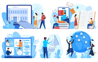 Distance education and online learning concept, vector illustration. Cartoon characters studying online, distance education program for international students and disabled people. Internet course