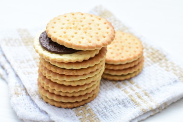 Chocolate cookies displayed on light background
