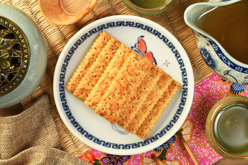 Salted yolk cake on the plate