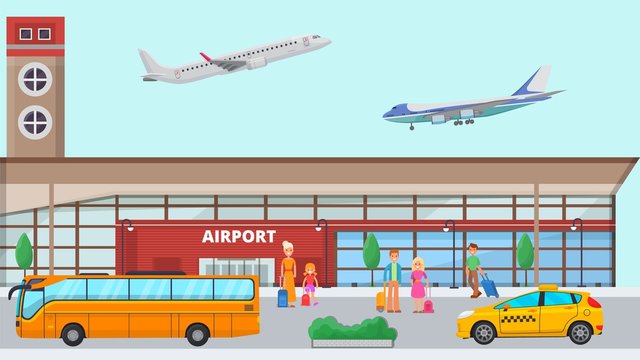 Airport Terminal Vector Illustration. Smiling Happy Travelling People With Luggage In Front Of Entry Airport Buildings Facade. Stop Of Transportation Taxi, Bus. Airplanes Takeoff And Landing In Sky.