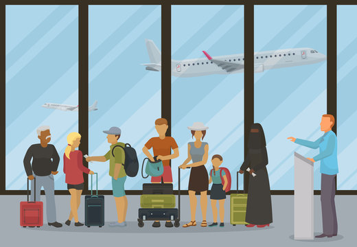 Airport terminal departure or check-inn hall vector illustration. Different people with tickets boarding passes and luggage waiting for airports opening boarding gate registration counter.