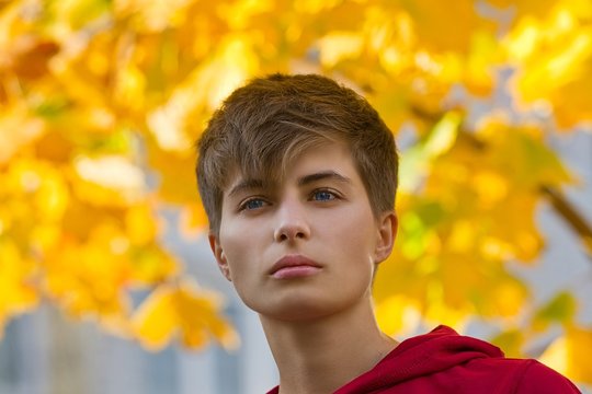 young influencer girl with a short hairstyle looks ahead, dare to be yourself and be different concept, yellow autumn leaves in free space blurred background