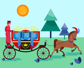 Horse old retro carriage with coachman in nature park vector illustration flat style. Festive decorated horse animal and royal coach with crown sign. Excursion, walk, entertainment, transportation.