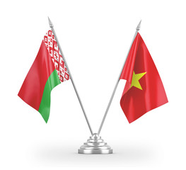 Vietnam and Belarus table flags isolated on white 3D rendering