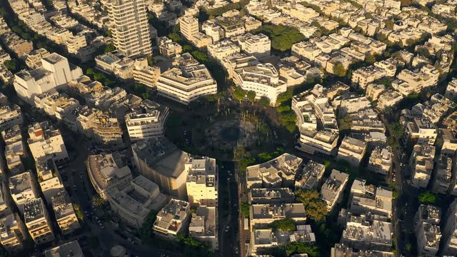 Tel Aviv city center, "Dizengoff" square, Israel, 4k aerial drone view