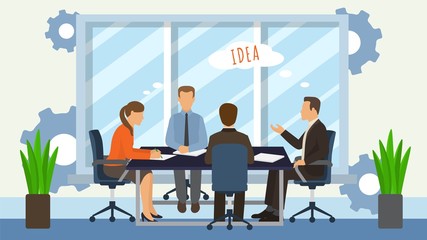 Business people teamwork brainstorming idea generation in corporate office at desk vector illustration flat. Man woman colleague meeting cooperation. Company strategy project analytics.