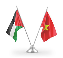 Vietnam and Palestine table flags isolated on white 3D rendering