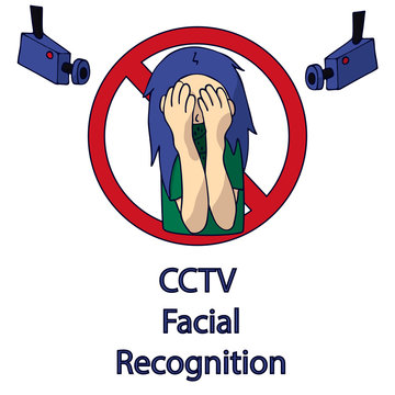 Woman Hides Her Face With Hands From Surveillance Cameras. Ban Cctv Facial Recognition. Isolated Vector Illustration