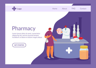 Pharmacy store shop vector illustration website banner. Buyer and pharmacist with medicines drugs, tablets, ampoules. Seller offers woman client huge pills. Internet page.