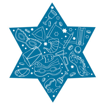 Composition for Purim with traditional objects and food in the Star of David form. Hand drawn outline vector sketch illustration