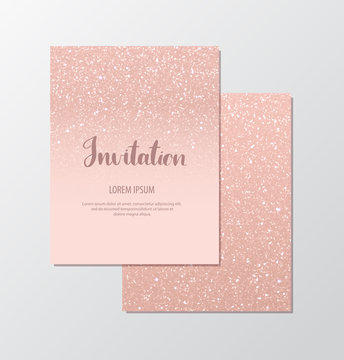 Elegant invitation cards with rose gold sequins on blush background.