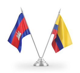 Colombia and Cambodia table flags isolated on white 3D rendering