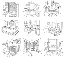 Obraz premium Set of rooms in the house including, working room, living room, bathroom, dressing room, baby room,kitchen and library for printing or web element. Vector illustration