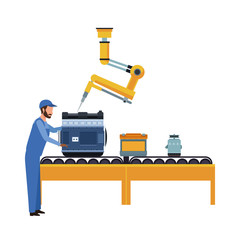 car mechanic with car parts on transport band machine