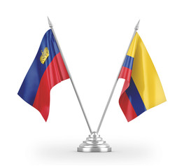 Colombia and Liechtenstein table flags isolated on white 3D rendering