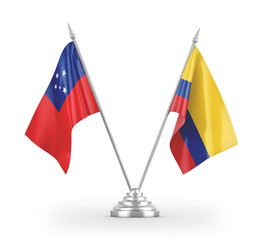 Colombia and Samoa table flags isolated on white 3D rendering