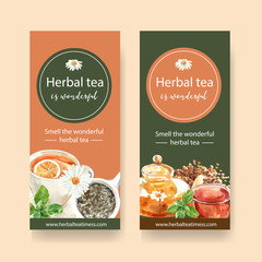 Herbal tea flyer design with peppermint, chamomile watercolor illustration.