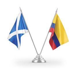 Colombia and Scotland table flags isolated on white 3D rendering